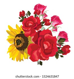 Vector flower illustration: bouquet of flowers: roses red and pink, sunflower. Wedding design: invitations, cards, background design - Vector