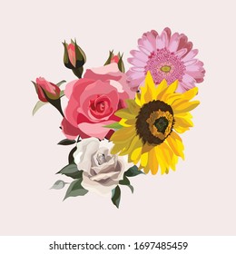 Vector flower illustration: bouquet of flowers: rose, gerbera and sun flower. Wedding design: invitations, cards, background design - Vector 