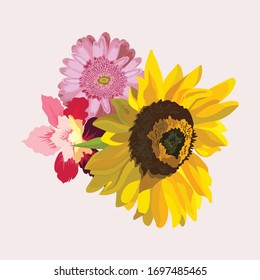 Vector flower illustration: bouquet of flowers: rose, gerbera and sun flower. Wedding design: invitations, cards, background design - Vector 