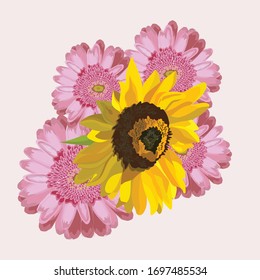 Vector flower illustration: bouquet of flowers: rose, gerbera and sun flower. Wedding design: invitations, cards, background design - Vector 