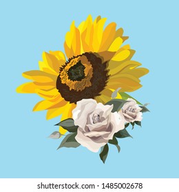 Vector flower illustration: bright yellow sunflower, roses.  
