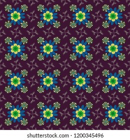 Vector flower illustration brown, blue and green seamless pattern.