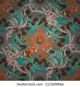 Vector flower illustration brown, gray and blue seamless pattern.