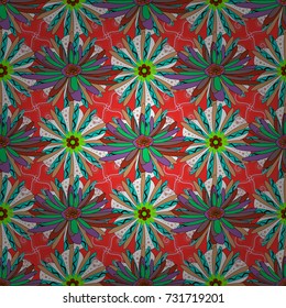Vector flower illustration brown, red and blue seamless pattern.