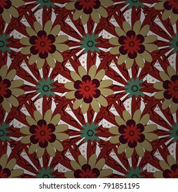 Vector flower illustration brown, white and red seamless pattern.