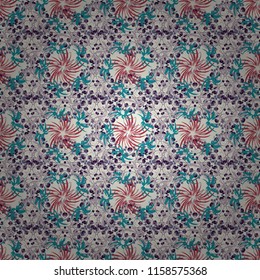 Vector flower illustration gray, blue and red seamless pattern.