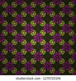 Vector flower illustration gray, green and purple seamless pattern.