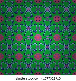 Vector flower illustration green, blue and beige seamless pattern.