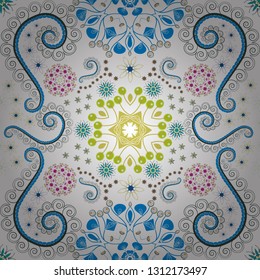 Vector flower illustration green, blue and white seamless pattern.