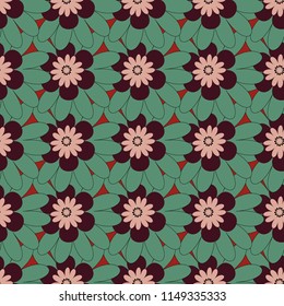 Vector flower illustration green, brown and beige seamless pattern.