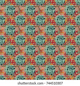 Vector flower illustration green, brown and neutral seamless pattern.