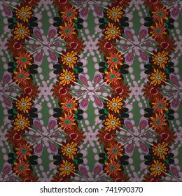 Vector flower illustration green, violet and red seamless pattern.
