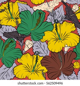 Vector flower illustration. With multicolored floral motif. Floral pattern with multicolor flowers, leaves and buds on pink background. Watercolor effect.