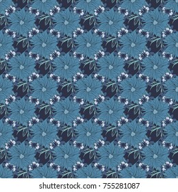 Vector flower illustration neutral, blue and violet seamless pattern.