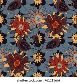 Vector flower illustration neutral, gray and yellow seamless pattern.