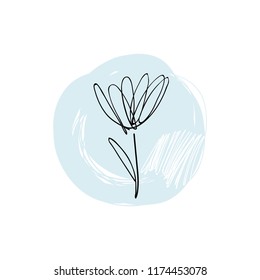 Vector flower illustration on freehanddrawn background. Flat elements in trendy palette. Modern graphic style. Isolated vector template for cards, posters, t-shirt, print, sticker or home design.