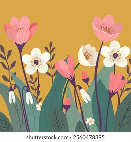 Vector flower illustration on yellow background. Banner or background with spring flowers and leaves. Posters and postcards for spring holiday. 