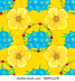 Vector flower illustration on a yellow background. Seamless pattern with floral motif. Seamless floral pattern with many colorfil flowers, watercolor effect.