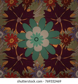 Vector flower illustration orange, brown and green seamless pattern.