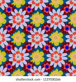 Vector flower illustration red, blue and violet seamless pattern.
