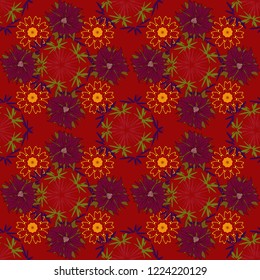 Vector flower illustration red, brown and green seamless pattern.