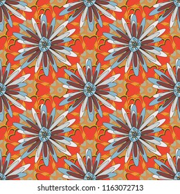 Vector flower illustration red, gray and blue seamless pattern.
