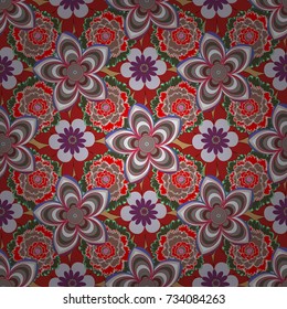 Vector flower illustration red and green seamless pattern.