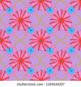 Vector flower illustration red, pink and blue seamless pattern.