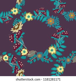 Vector flower illustration red, violet and blue seamless pattern.