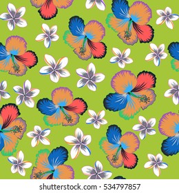 Vector flower illustration. Seamless floral pattern with green, blue and gray hibiscus flowers, watercolor. Vector illustration. Seamless pattern with floral motif.