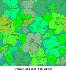 Vector flower illustration. Seamless pattern with floral motif. Seamless floral pattern with blue and green hibiscus flowers, watercolor. Vector illustration.