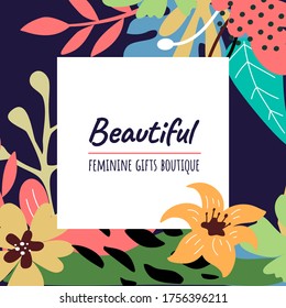 Vektorgrafik mit Text in Rahmen auf dunklem Hintergrund. Schöne Blumenzusammensetzung mit Blatt. Flaches Template Blumendesign für Web, Website, schönes Poster, Grußkarte