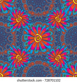 Vector flower illustration violet, blue and orange seamless pattern.