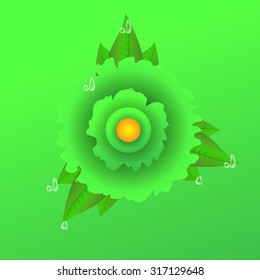 Vector flower illustration with water drops on green background