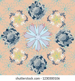 Vector flower illustration yellow, blue and gray seamless pattern.