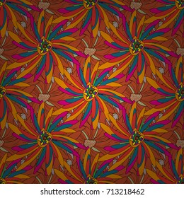 Vector flower illustration yellow, red and orange seamless pattern.