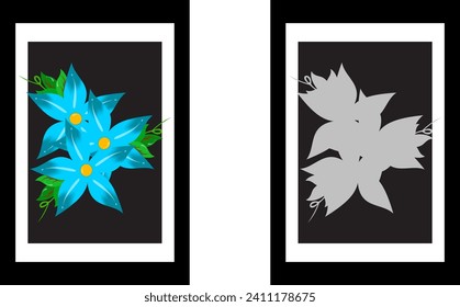 Vector flower illustrations, blue flowers and pink flowers in black photo frames, and silhouettes of flower paintings.