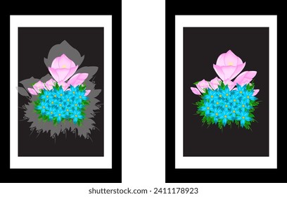 Vector flower illustrations, blue flowers and pink flowers in black photo frames, and silhouettes of flower paintings.