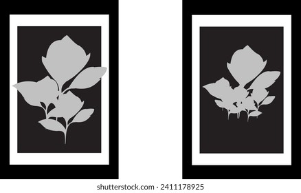 Vector flower illustrations, blue flowers and pink flowers in black photo frames, and silhouettes of flower paintings.