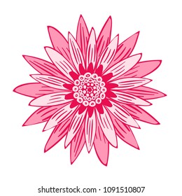 Vector Flower Isolated. African Camomile Gasania or Gerbera on a White Background. Beautiful Pink Flower with Bold Contour in Ethnic Style. Round Mandala. Creative Decorative Flower for Your Design.