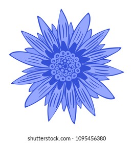 Vector Flower Isolated. African Camomile Gasania or Gerbera. Creative Flower Stylization. Bold Line Style. Beautiful Blue Flower with Bold Contour in Ethnic Style for Your Design. Round Mandala.