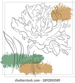 Vector flower kennel with color spots of olive and mustard color. The drawing is limited by a double border in the form of a square. 