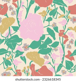 Vector flower and leaf illustration motif seamless repeat pattern