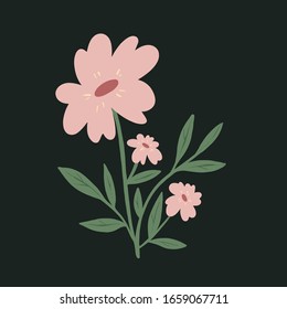 
Flor vectorial con hojas de estilo mínimo en un fondo oscuro aislado. Uso en postales, carteles, banners, diseño de embalajes de productos, papel pintado, ropa, textiles, papel envasado, logotipo. Primavera, 