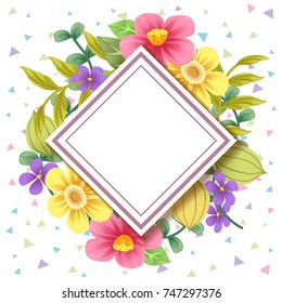 Vector, flower and leaves on package design with space white white space in the center for the font at the bottom is a small triangle pattern on a white background.