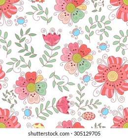 Vector flower and leaves seamless pattern. Doodle cute flowers.