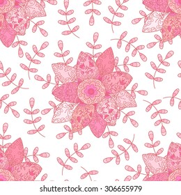 Vector flower and leaves seamless pattern. Doodle pink cute flowers.