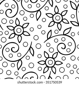Vector flower and leaves seamless pattern. Doodle cute monochrome flowers.