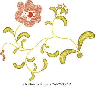 Flor de Vector con hojas en el estilo de la pintura de puntos, que recuerda a los patrones rusos antiguos.