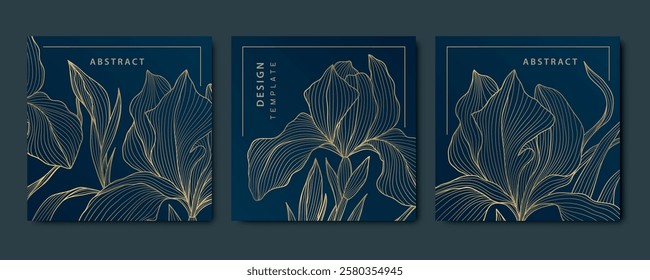 Vector flower line art background, luxury floral plant illustration, royal vintage template. Elegant irises, petals japanese cards